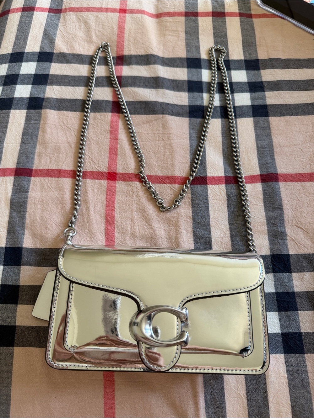 Silver Metallic Leather Crossbody Bag with Chain Strap